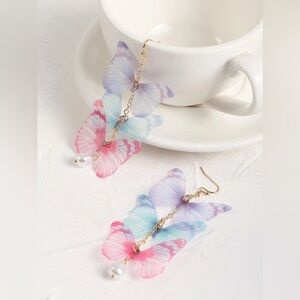Elegant Butterfly Dangle Earrings in Pink and Blue